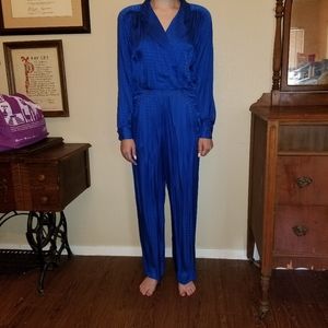 80s vintage royal blue silk jacquard jumpsuit
